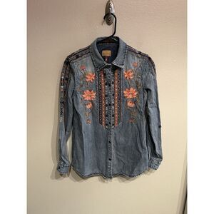Driftwood Womens XS Womens Denim Pearl Snap Western Flower Embroidered Shirt